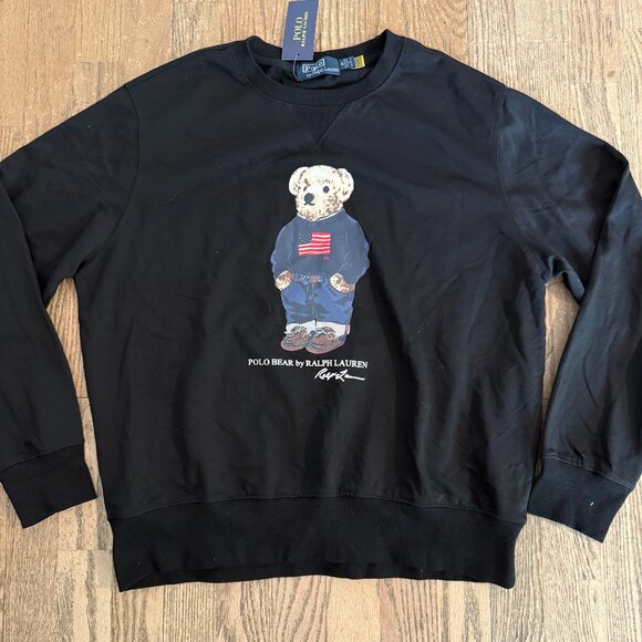 NWT POLO RALPH LAUREN FLAG BEAR SWEATSHIRT TOP BLACK SIZE M - Picture 1 of 7
